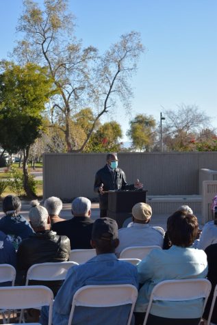 Willie Arbuckle speaks at Celebration Plaza in Tumbleweed Park, Chandler, Arizona on January 28. 2023.