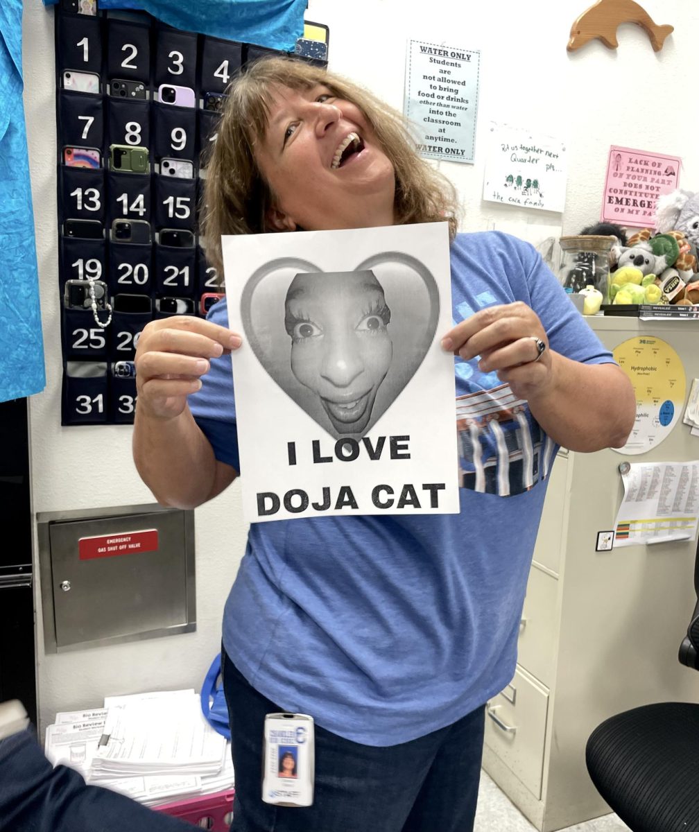 CHS+teacher+Donna+Bond+demonstrates+her+love+for+Doja+Cat.