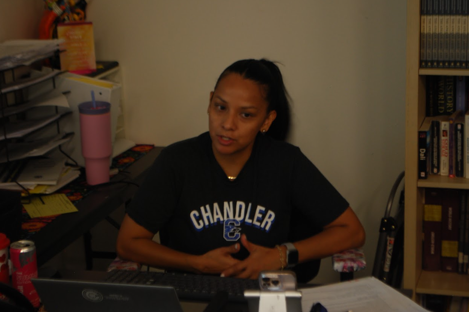 Ms. Gloria Garza-Wells speaks to students in her classroom at Chandler High School on August 8, 2025.